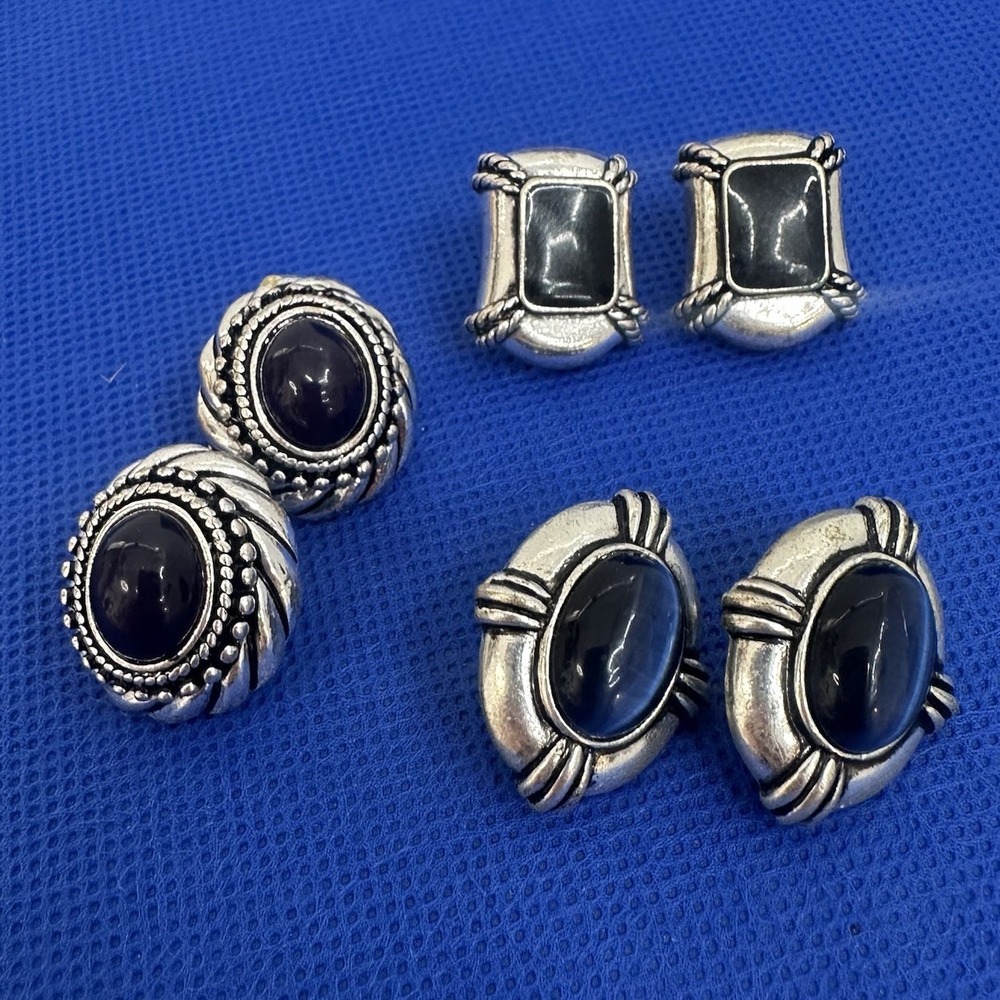 Lot 3 Avon NR Vintage Cabochon Earrings Blue Black Purple Stone Silver Tone 1980